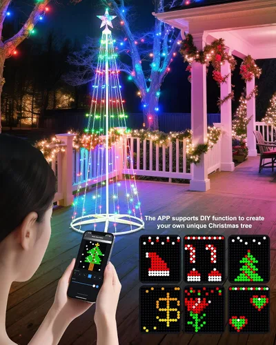 Vista 11 de Paquete de 2 Luces Inteligentes de Árbol de Navidad en Forma de Cono - Árbol Artificial de 5 Pies con 130 LED y 6 Pies con 154 LED con Estrella