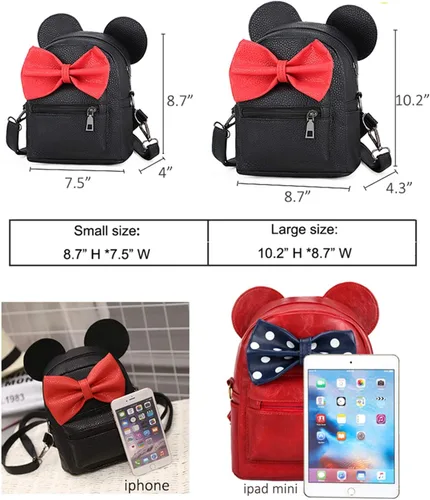 Vista 5 de Mochila convertible con diseño de orejas de ratón y lunares y lazo de lentejuelas para niñas y mujeres Lazo de algodón negro con diseño de lunares