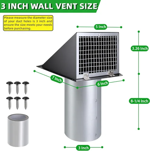 Vista 2 de Cubierta de ventilación de secadora de 3 pulgadas para exterior, ventilación de pared con capucha con rejilla y amortiguador, cubierta