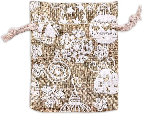 Vista 21 de 48 paquetes de 3x4 bolsas de regalo reutilizables de yute y arpillera con cordones (Feliz Navidad, X-Pequeño) - para regalos, favores de fiesta