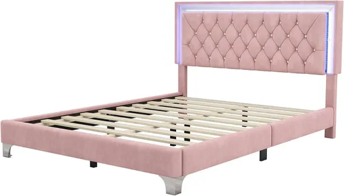 Vista 5 de Cama de plataforma tapizada moderna de tamaño Queen con luces LED, marco de cama de terciopelo rosa con cabecera capitonada de cristal, cama