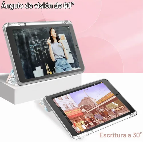 Vista 6 de Feams Funda para iPad de 9ª generación, funda triple para iPad 10.2, cubierta trasera transparente con soporte para lápiz y apagado Ángel