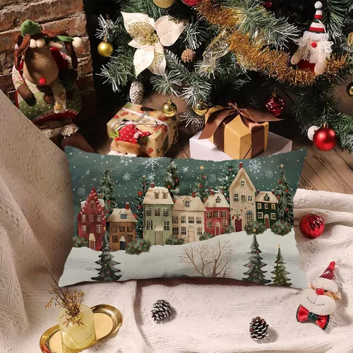 Vista 3 de Funda de almohada rectangular decorativa lumbar de invierno de 12 x 20 pulgadas, diseño de copos de nieve, casa del bosque de las maravillas, funda