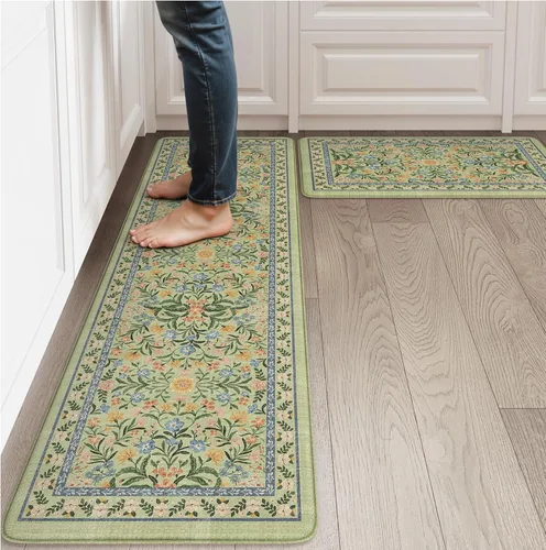 Vista 20 de Collive Tapete Anti Fatiga para Piso de Cocina, Tapetes de Cocina con Diseño Floral Primaveral para Piso Juego de 2, Alfombras para Fregadero Beige