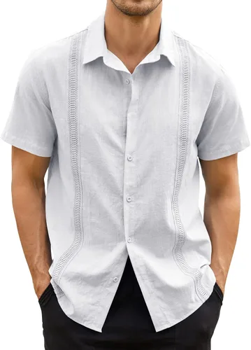 Vista 2 de Hestenve Guayabera - Camisas casuales de lino y algodón con botones de manga corta para hombre, camisa hawaiana cubana de verano, playa, trabajo