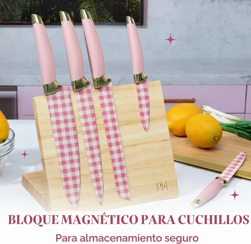 Vista 3 de Paris Hilton Juego de cuchillos con bloque magnético, cuchillas de acero inoxidable con diseño de guinga, elegantes asas ergonómicas con detalles