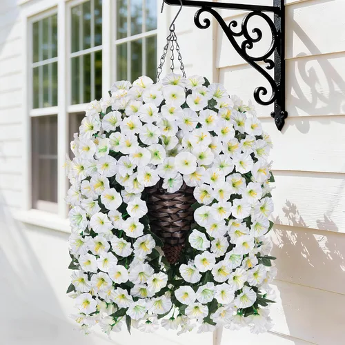 Vista 16 de Flores colgantes artificiales falsas con cesta para decoración al aire libre, resistentes a los rayos UV, flores de margaritas de seda sintética