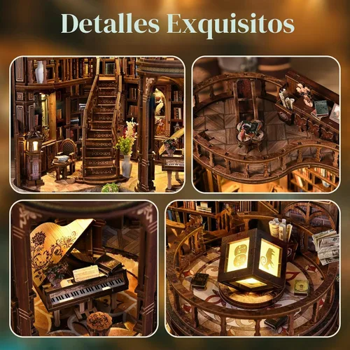 Vista 5 de Kit de rincón de libros, rompecabezas de madera 3D en miniatura, sujetalibros con luz LED, decoración de estantería de flor de cerezo para libros