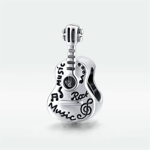 Vista 2 de LAMOONY - Abalorio de guitarra de plata de ley 925, con texto en inglés "Love Charm