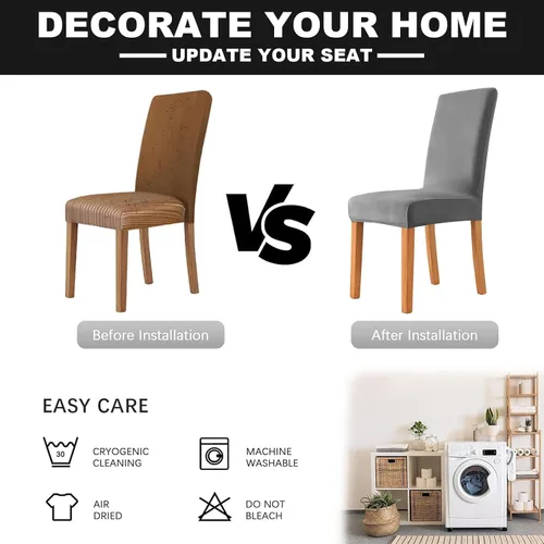 Vista 5 de Juego de 6 fundas para sillas de comedor, fundas elásticas de terciopelo para sillas de comedor, extraíbles y lavables, fundas protectoras