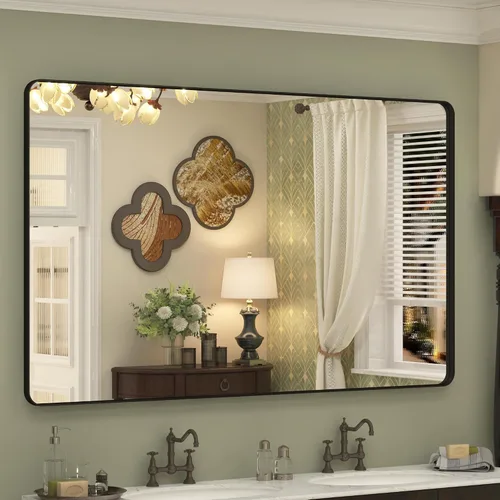 Vista 63 de Espejo rectangular para pared de baño de 20x30 pulgadas con marco negro mate, espejo de tocador con esquinas redondeadas, espejo de baño de metal