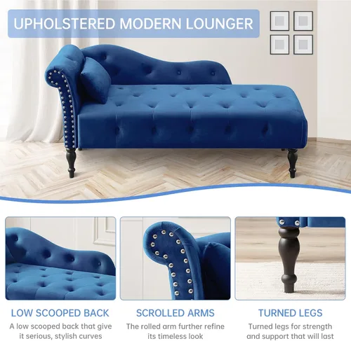 Vista 5 de Chaise Lounge - Silla de terciopelo para interiores con almohada, con botones copetudos, brazo derecho, con ribete de cabeza de clavos y patas Azul