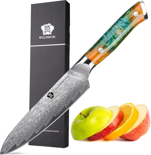 Vista 9 de WILDMOK Cuchillo de cocina de 5 pulgadas, Damasco Japón VG-10, cuchillo de cocina de acero afilado, mango ergonómico de resina de color, caja