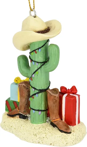 Vista 4 de Tree Buddees Árbol de Navidad de cactus con botas de vaquero, sombreros de vaquero y adornos de regalos