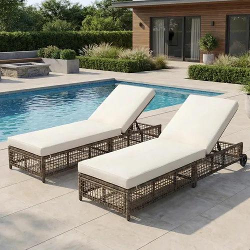 Vista 13 de Tumbona reclinable para patio al aire libre con respaldo ajustable de 5 posiciones y mesa auxiliar de madera, silla lounge para todo tipo de clima