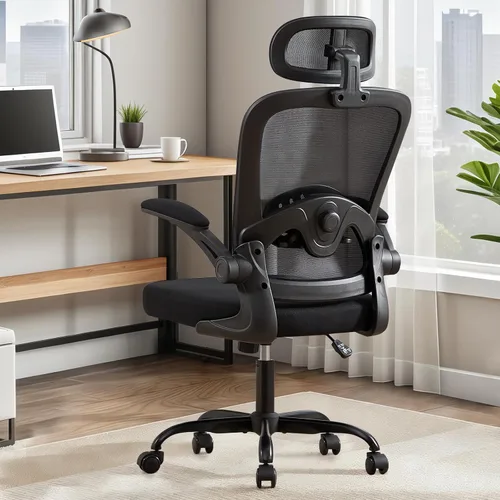 Vista 8 de Silla de oficina ergonómica con soporte lumbar ajustable, silla de escritorio de oficina con reposacabezas ajustable, malla transpirable, cojín
