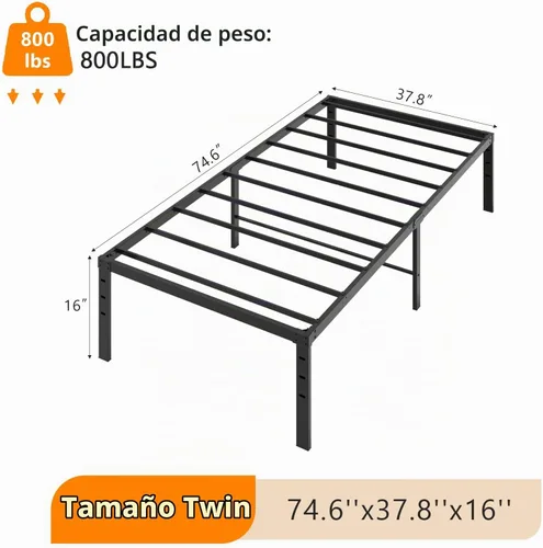 Vista 2 de VINGLI Marco de cama individual de 16 pulgadas, plataforma de metal resistente, no necesita somier, soporte de listones de acero resistente, fácil
