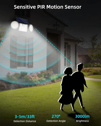 Vista 5 de Luces solares de pared para exteriores, 3 cabezales ajustables de 270°, iluminación de gran angular de 3000 lúmenes, 204 luces LED de inundación