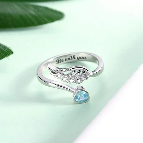 Vista 2 de AILIN Anillos de plata de ley 925 personalizados con diseño de ala de ángel y piedra natal grabada en el interior, joyería para mujeres, regalos
