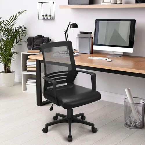 Vista 2 de Yaheetech Silla de oficina de malla con respaldo medio con asiento de cuero, silla ejecutiva para computadora de oficina con reposabrazos y soporte