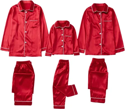 Vista 7 de BNisBM Pijamas de Navidad para la familia, de seda de color sólido, conjuntos a juego, camisas de manga larga, pantalones, ropa de descanso informal