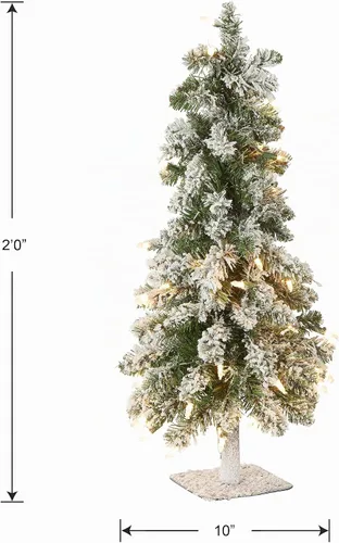 Vista 5 de National Tree Company - Mini árbol de Navidad artificial preiluminado de 2 pies Snowy Downswept Forestree, 50 luces transparentes, 130 puntas, base