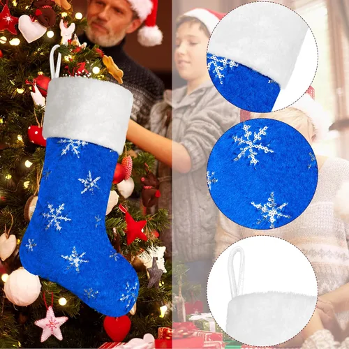 Vista 3 de 1 paquete de medias de Navidad personalizadas con nombres, 22 pulgadas, bordado personalizado, de piel sintética, negro y azul, con copos de nieve