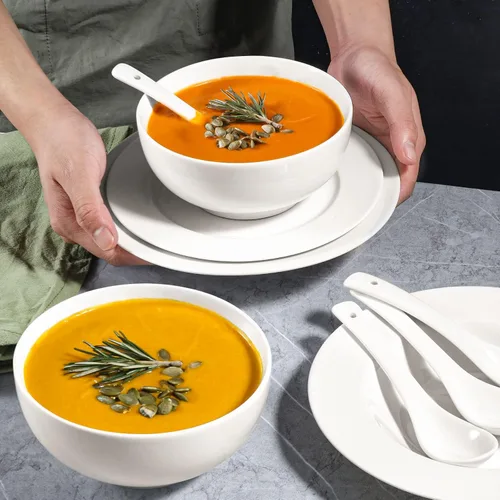 Vista 8 de Artena Cuencos de sopa y cucharas de sopa, cuencos de cereales de 26 onzas y cucharas de cereales, juego de cuencos y cucharas de cerámica blanca