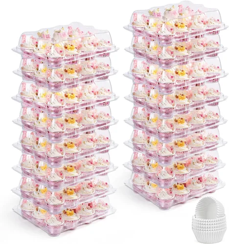 Vista 10 de LotFancy (12 unidades x 5 juegos) recipientes para cupcakes con 60 forros, cajas apilables de plástico, soporte desechable para magdalenas con tapa