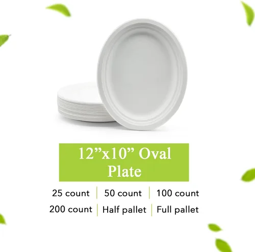 Vista 7 de three leaf Plato ovalado de bagazo de 12 x 10 pulgadas, 25 unidades, platos de bagazo desechables naturales y ecológicos, 100% biodegradables