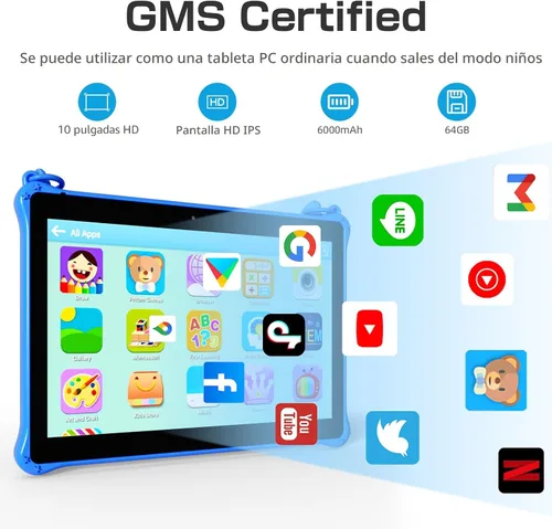 Vista 3 de PRITOM Tabletas para niños de 10 pulgadas Android 13, tableta con cordón 64GB, Quad-Core, pantalla HD IPS, WiFi, cámara dual, tableta para niños Azul