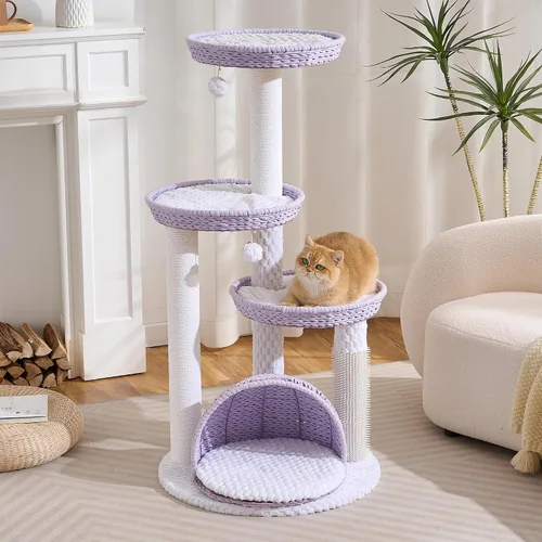 Vista 14 de HITTITE Moderna torre de árbol para gatos con poste rascador, torres para gatos de 46 pulgadas de alto con nidos y cueva tejidos, árbol para gatos