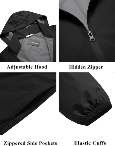Vista 4 de COOFANDY Chaqueta impermeable unisex plegable, ligera, impermeable, con capucha, para correr, senderismo, ciclismo