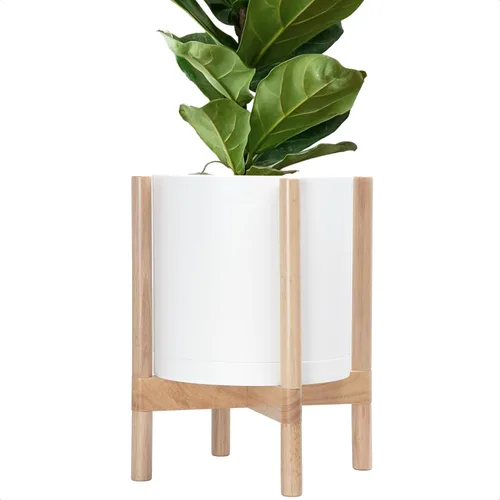 Vista 13 de Maceta de D'vine Dev con soporte - Maceta de flores de cilindro de plástico de 8.0 pulgadas con soporte de madera para interiores, maceta mate negra