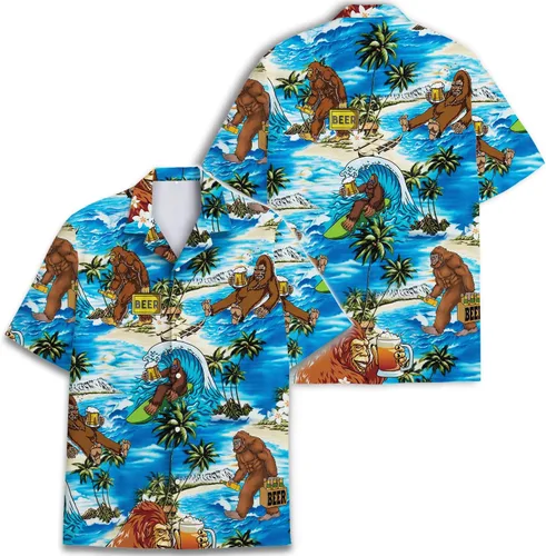 Vista 2 de American Bigfoot - Camisa hawaiana para hombre, divertida camisa hawaiana con botones Sasquatch de manga corta para hombre
