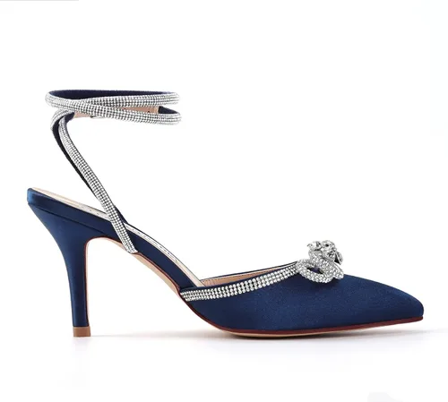Vista 3 de ELEGANTPARK Tacones para mujer, puntiagudos, con puntera cerrada, correa de tobillo, diamantes de imitación, lazo alto, zapatos de satén para boda