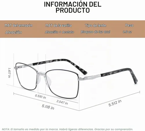 Vista 4 de RB. Pilot - Lentes de lectura con bisagra de resorte para mujer, bloqueo de luz azul, marco de metal, patas de acetato Black Frame Silver Bridge