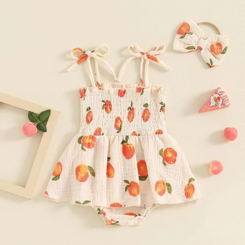 Vista 107 de Mameluco para bebés y niñas de 3, 6, 9, 12, 18 meses, enterizo de manga corta, fruncido, faldas y dobladillo, diadema