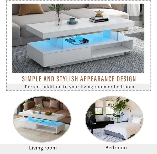 Vista 14 de LUMISOL Mesa de centro rectangular LED con cajón y estante, color blanco