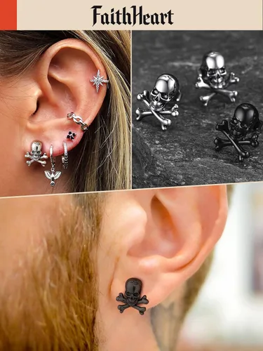 Vista 6 de FaithHeart Skull Hoop Earrings for Men SilverBlackGold Stainless Steel Huggie Hoop Earrings Lightweight Hypoallergenic Earrings for Sensitive Ears