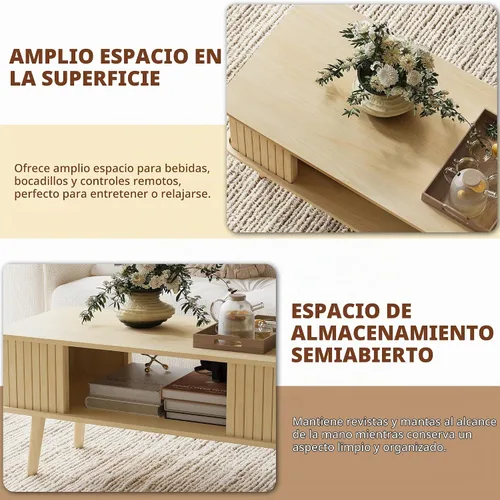 Vista 6 de Mesa de café LAZZO con almacenamiento mesa central para sala de estar mesa de café rectangular con bordes redondeados, fácil montaje, madera natural