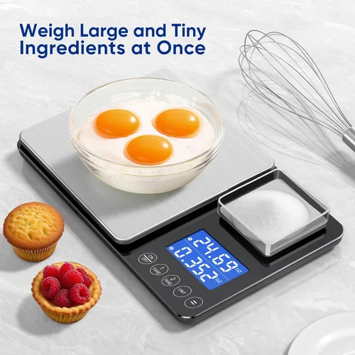 Vista 2 de Báscula de cocina de plataforma doble con alta precisión de 0.01g/0.001oz, báscula de 15kg/33lb para panadería, báscula de cocina de doble precisión