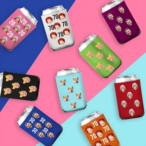 Vista 4 de Enfriadores de cerveza personalizados con funda para fotos de cara, 1 a 150 unidades, enfriadores de latas divertidos personalizados a granel