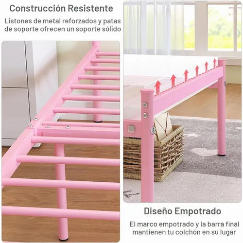 Vista 6 de Base de cama individual con cabecero, plataforma de metal resistente debajo de la cama, espacio de almacenamiento fácil de montar para niños, niñas
