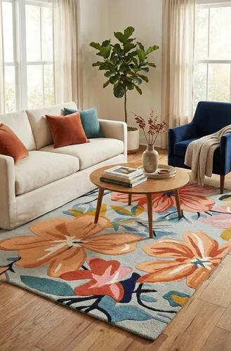 Vista 5 de Restoration and Renovation Alfombra de lana floral copetuda a mano Diseño moderno de flores coloridas, alfombra gruesa y suave para sala de estar