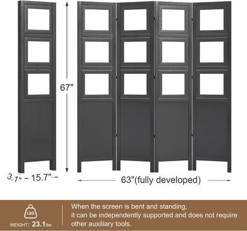 Vista 6 de Divisor de habitación para fotos de 4 paneles, pantalla de privacidad plegable independiente y decorativo con 16 marcos para oficina en casa (negro)