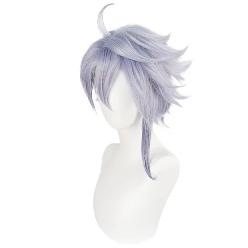 Vista 3 de JoneTing Azul Ashengrotto Peluca + Gorro para el cabello Peluca gris púrpura Anime Cosplay peluca sintética corta púrpura claro ondulado pelucas