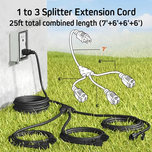 Vista 2 de Eversimpleinc Cable de extensión divisor negro de 1 a 3 (combinado de 25 pies, 13 pies de extremo a extremo), enchufe de 3 puntas con 3 salidas
