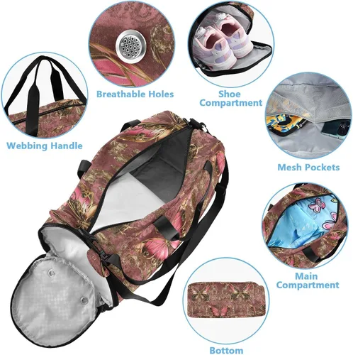 Vista 4 de Peach Gold Vintage Butterfly Gym Duffel Bag with Shoes Compartment Lightweight Kids Overnight Bag for Beach Swim Pool Sports bolso para gym mujer