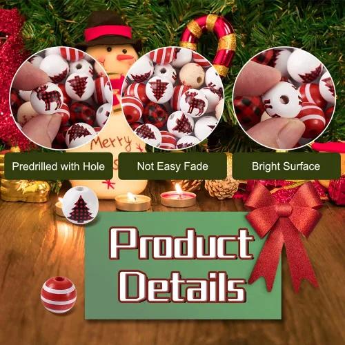 Vista 2 de 100 cuentas de madera de Navidad, árbol de Navidad, ciervos, copos de nieve, cuentas de madera natural, cuentas de madera rústica de 0.591-0.650 in